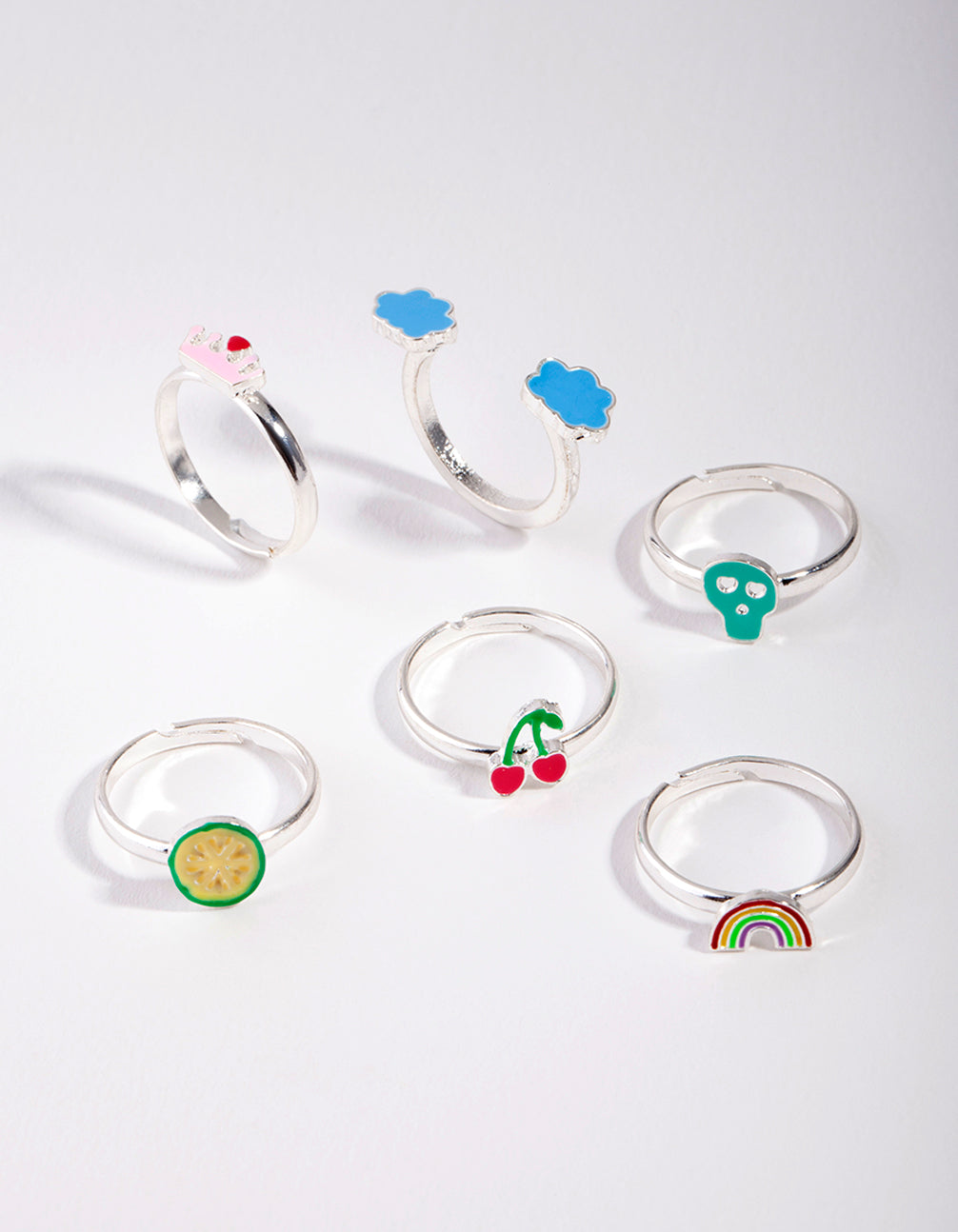 Kids Silver Sky & Skull Rainbow Ring 6-Pack