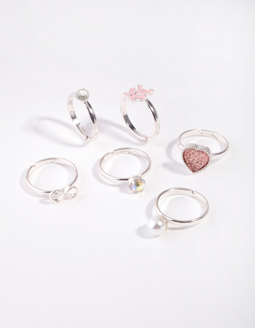 Kids Silver Pearly Heart 6-Pack Rings