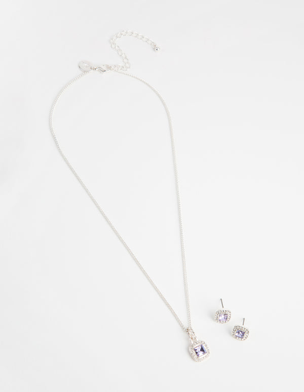 Silver Square Cut Diamante Necklace & Earrings Set