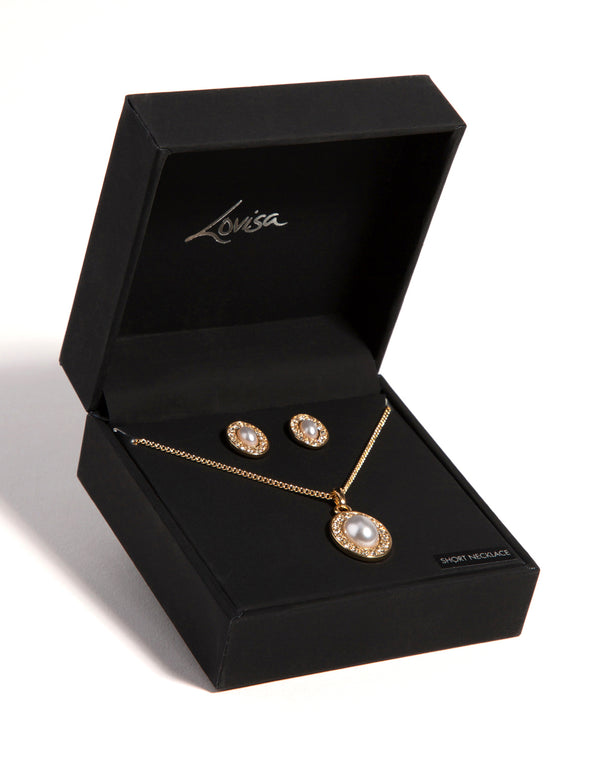 Gold Oval Pearl Diamante Necklace & Earrings Set