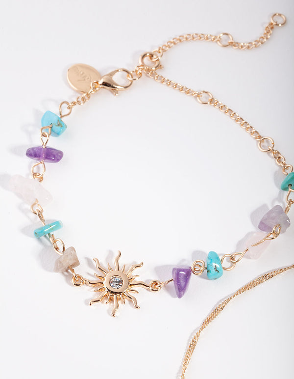 Gold Semi Precious Stone & Sun Charm Anklet Pack