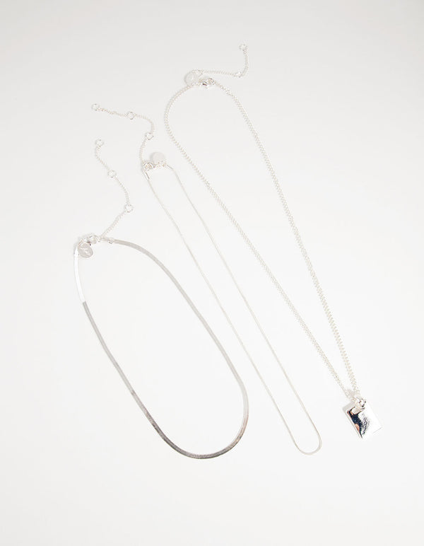 Silver Plated Multi-Row Square Pendant Necklace