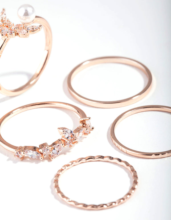 Rose Gold Cubic Zirconia Diamante Pearl Mix Ring 5-Pack
