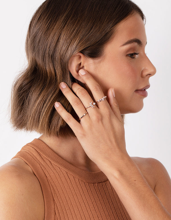 Rose Gold Cubic Zirconia Diamante Pearl Mix Ring 5-Pack