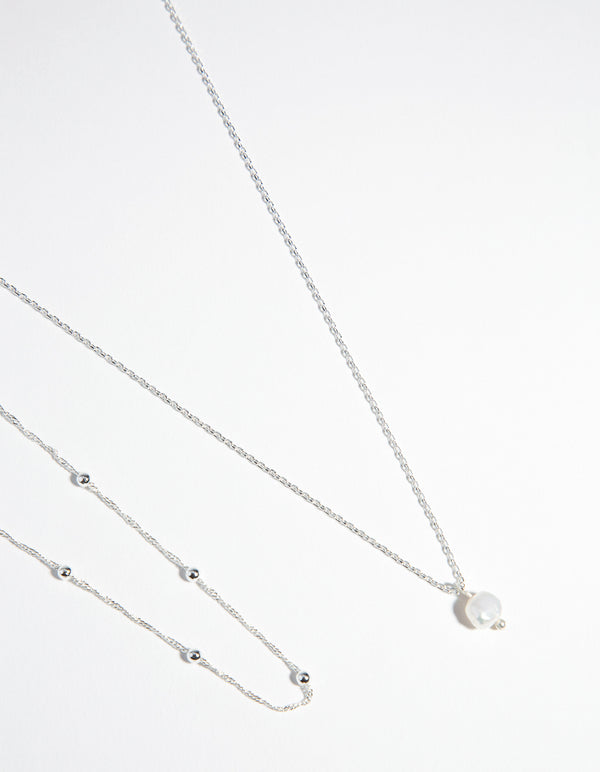 Silver Plated 2-Row Single Pearl Drop Necklace