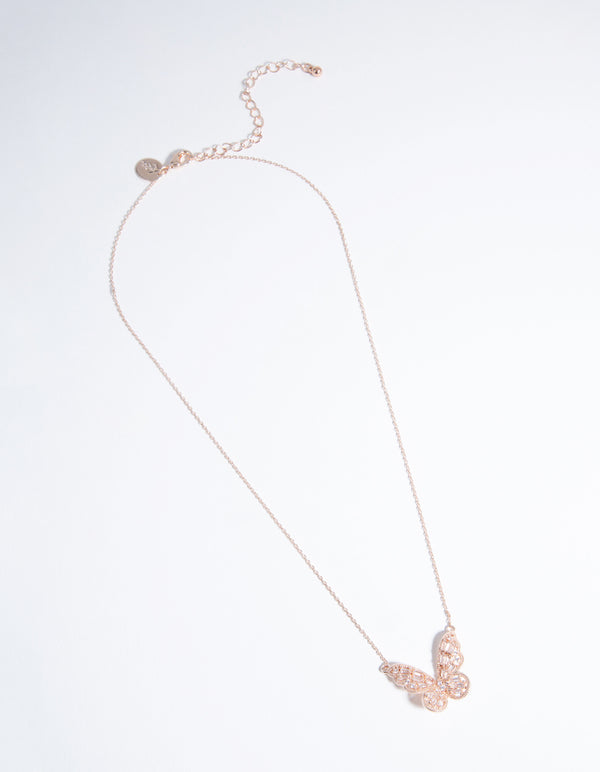 Rose Gold Cubic Zirconia Baguette Butterfly Necklace