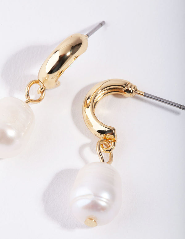 Gold Pearl Drop Huggie Earrings