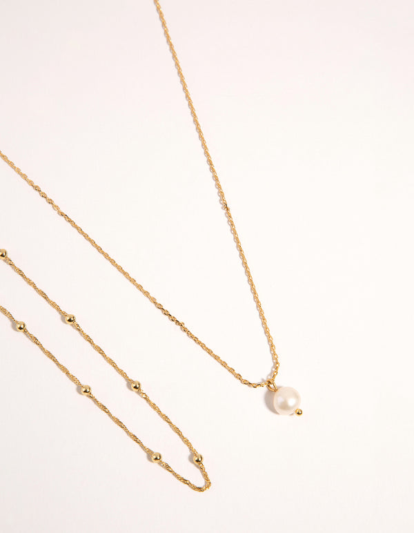 Gold Plated 2-Row Single Pearl Drop Necklace