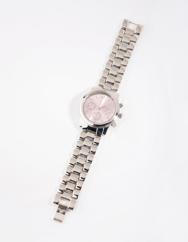 Silver Pink Sunray Link Watch
