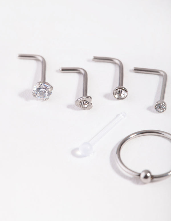 Silver Mixed Diamante Nose Stud 6-Pack