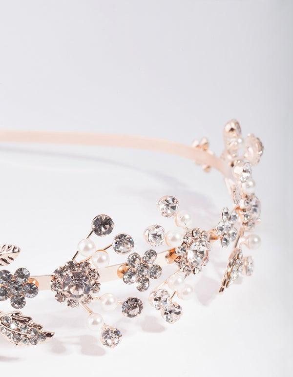 Rose Gold Leaf Diamante Pearl Spray Headband