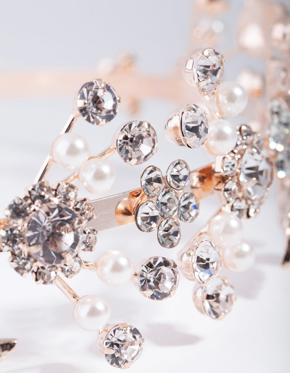 Rose Gold Leaf Diamante Pearl Spray Headband