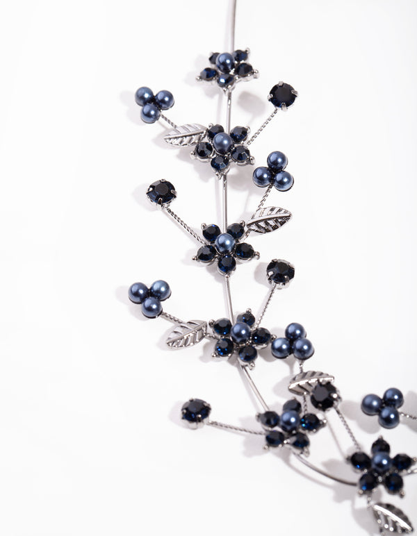 Gunmetal Diamante Flower Pearl Drape