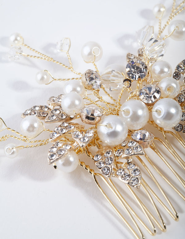 Gold Metal Leaf Diamante Pearl Comb
