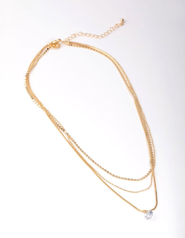 Gold Cubic Zirconia Chain Droplet 3-Row Necklace