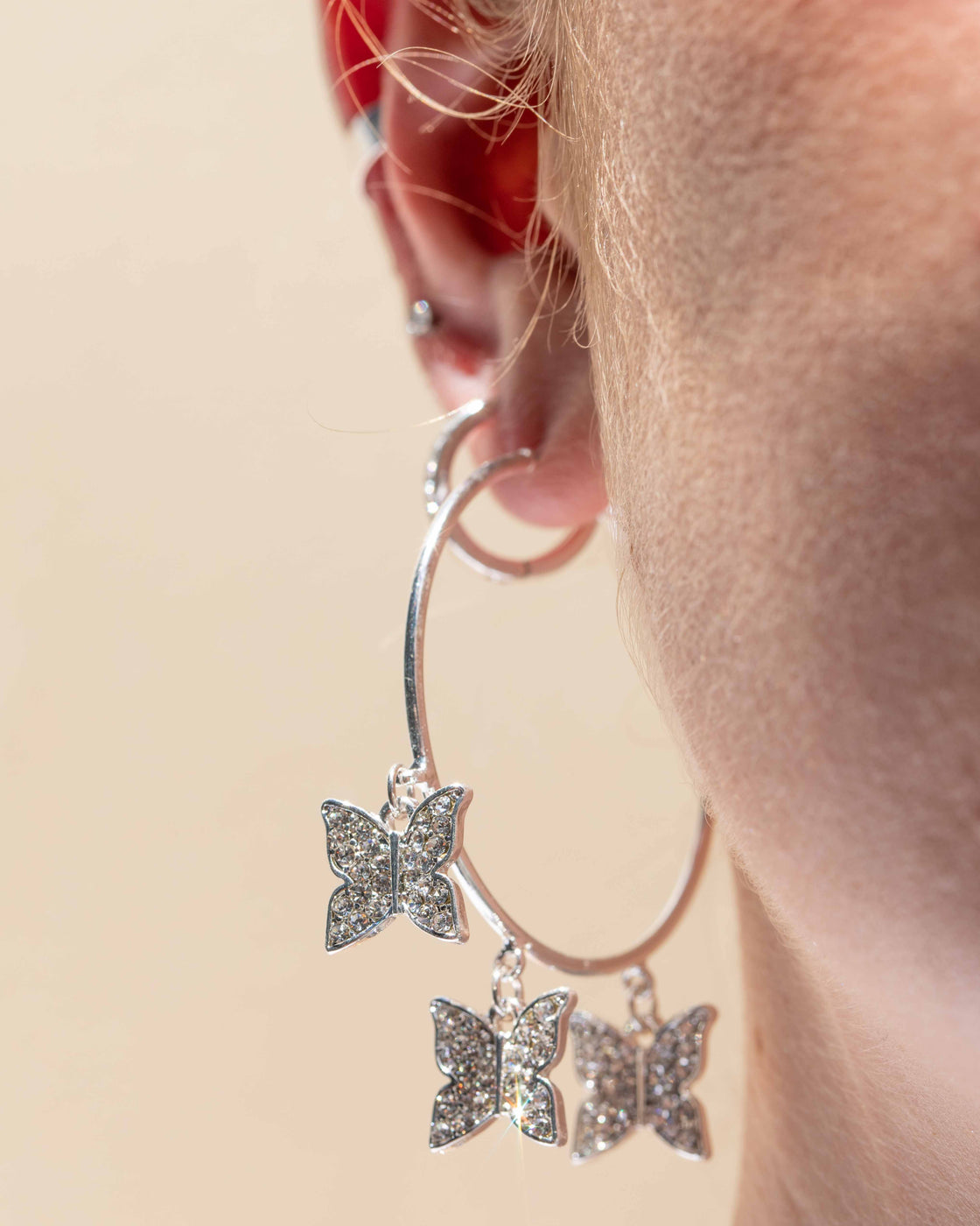 Silver Diamante Butterfly Hoop Earrings