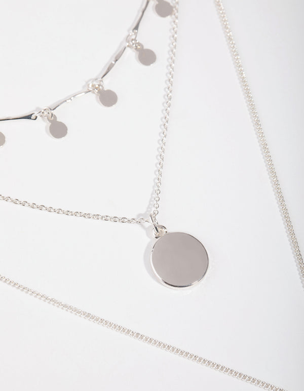 Silver Fine Drop & Bar 3-Row Necklace