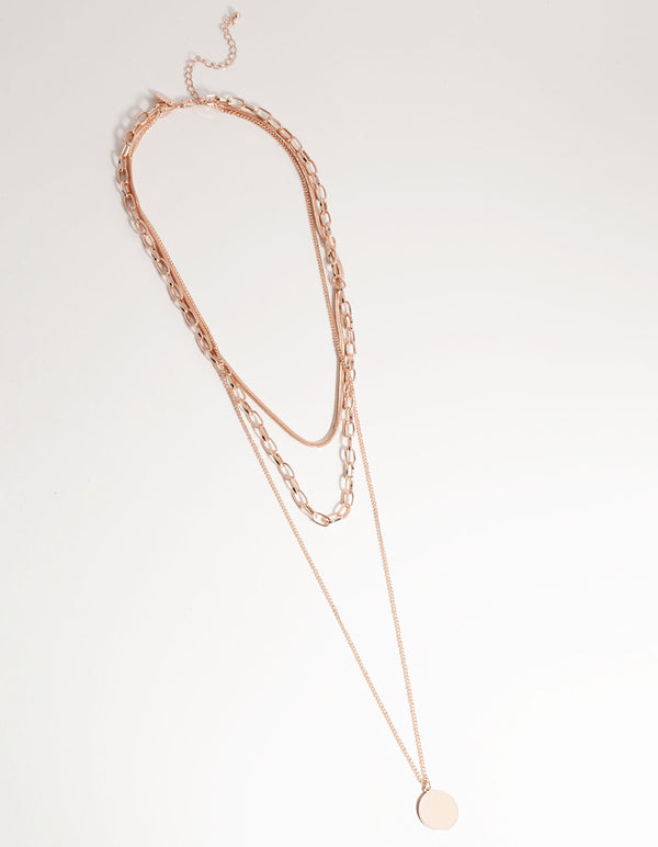 Rose Gold Long Circle Disc 3-Row Necklace