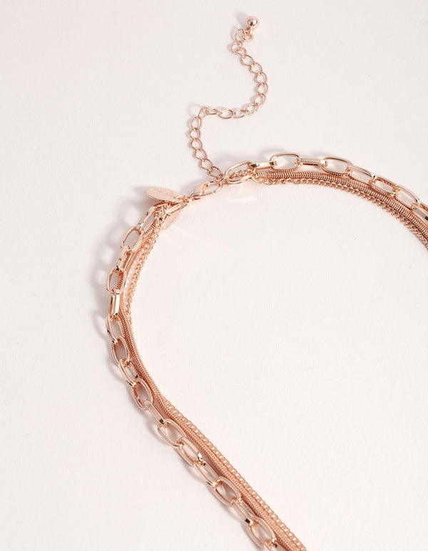 Rose Gold Long Circle Disc 3-Row Necklace