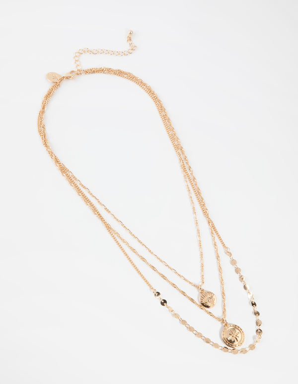 Gold Short Eye Coin 3-Row Necklace