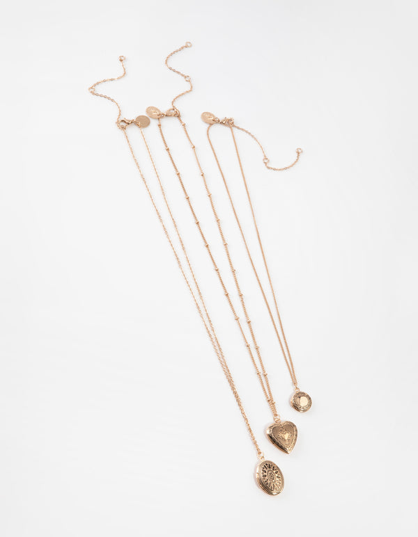 Antique Gold Mix Locket 3-Row Necklace