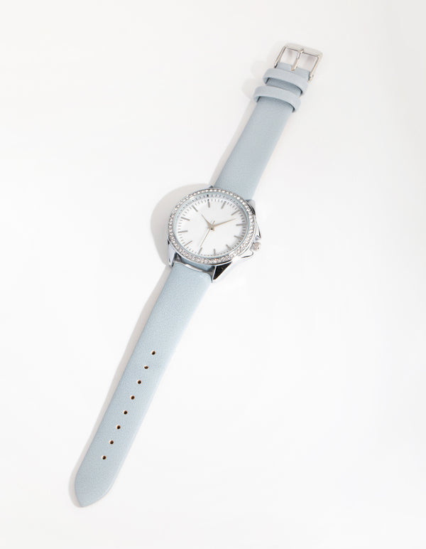 Silver Diamante Bezel Mother of Pearl PU Strap Watch