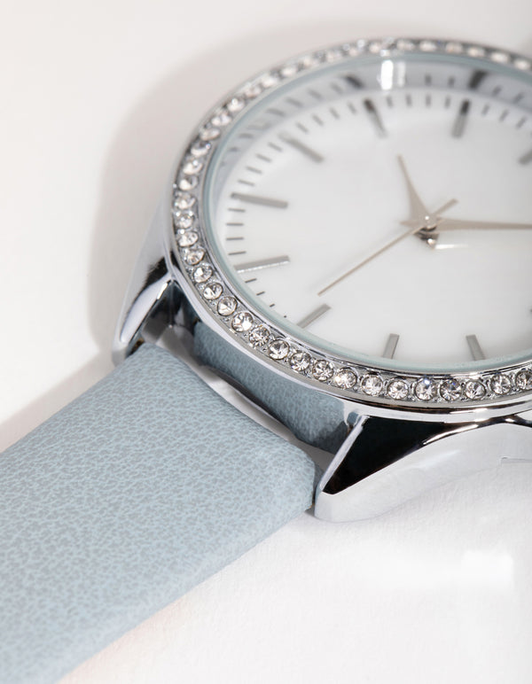 Silver Diamante Bezel Mother of Pearl PU Strap Watch