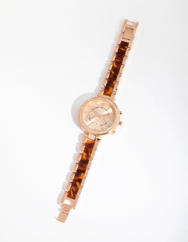 Rose Gold Tortoiseshell Bling Link Strap Watch