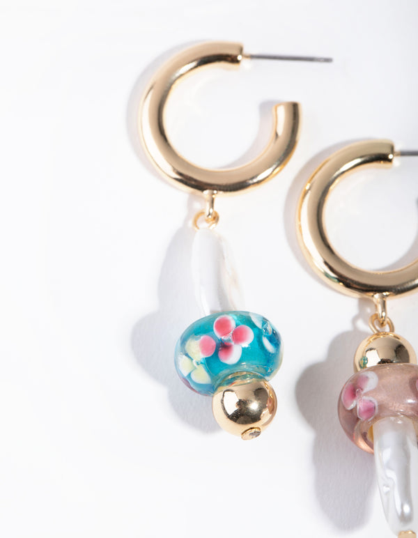 Gold Pearly Mushroom Hoop Earrings