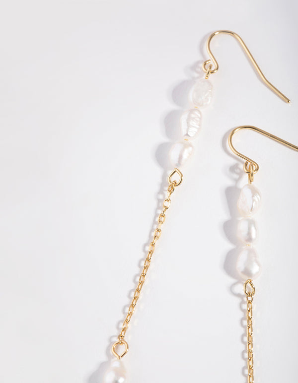 Gold Plated Four Freshwater Pearl Long Chain Earrings