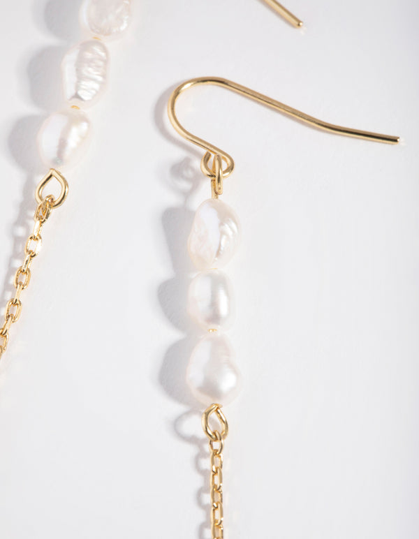 Gold Plated Four Freshwater Pearl Long Chain Earrings