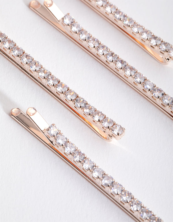 Rose Gold Cubic Zirconia Simple Hair Slide 4-Pack