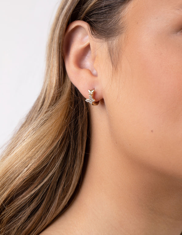 Gold Plated Sterling Silver Cubic Zirconia Butterfly Huggie Earrings