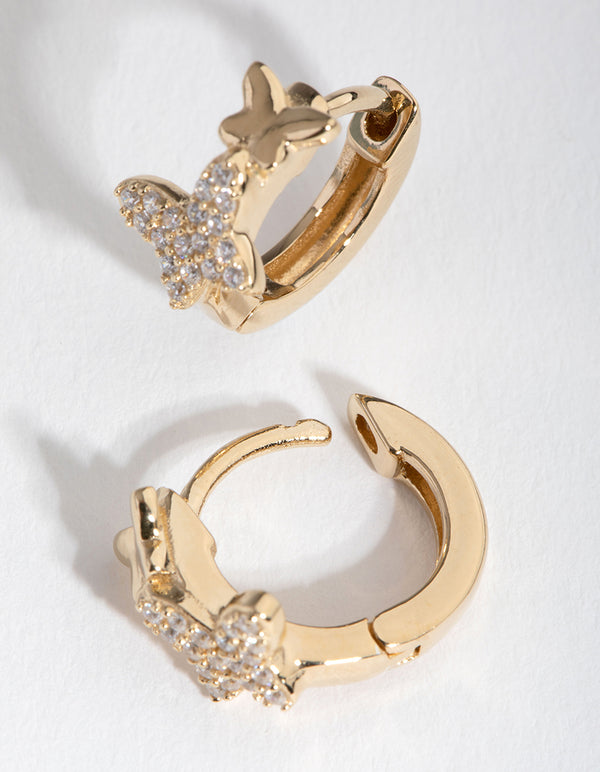 Gold Plated Sterling Silver Cubic Zirconia Butterfly Huggie Earrings