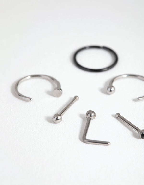 Mixed Metal Surgical Steel Classic Nose Ring & Stud 6-Pack