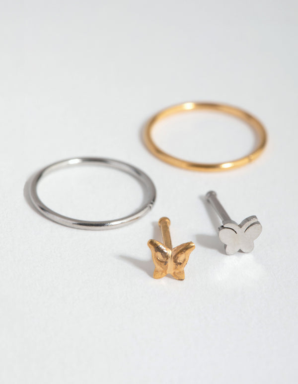 Mixed Metal Surgical Steel Butterfly Nose Ring & Stud 4-Pack
