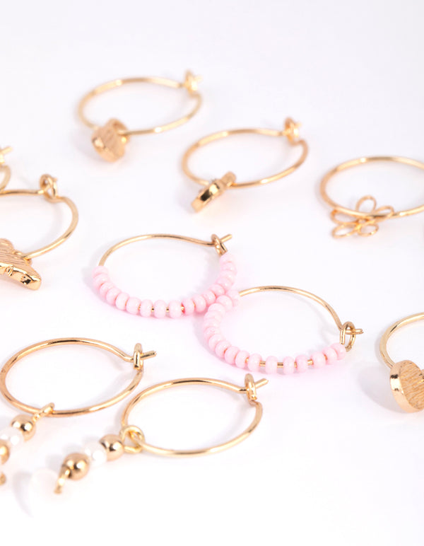 Gold Flower Bead Hoop Earring 6-Pack