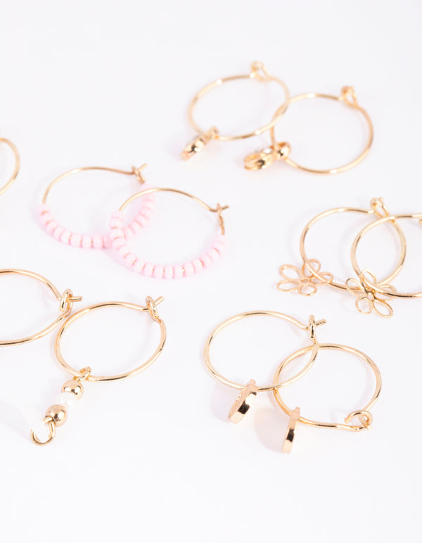 Gold Flower Bead Hoop Earring 6-Pack