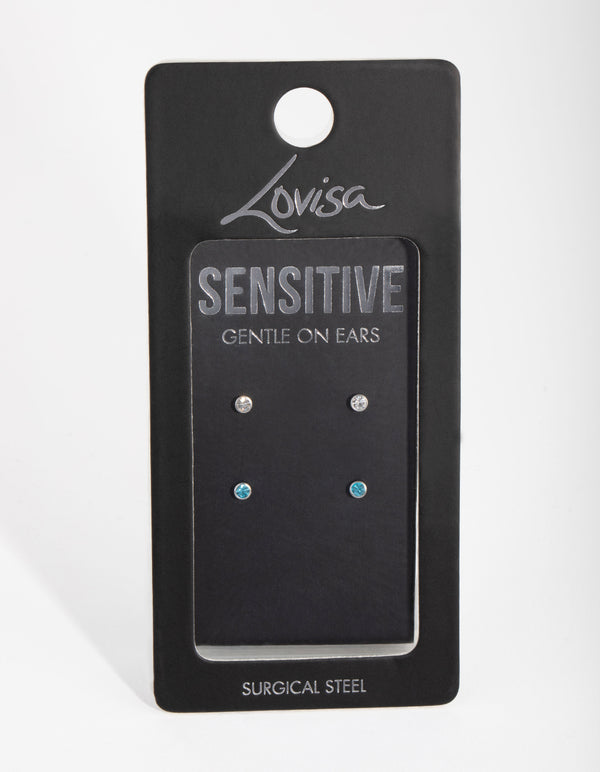 Surgical Steel Blue Diamante Pack Stud Earrings