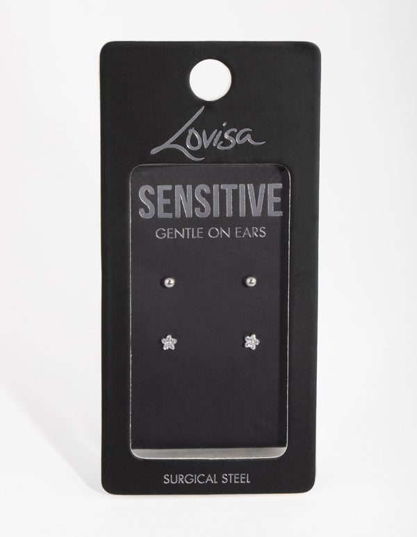 Surgical Steel Flower & Ball Pack Stud Earrings