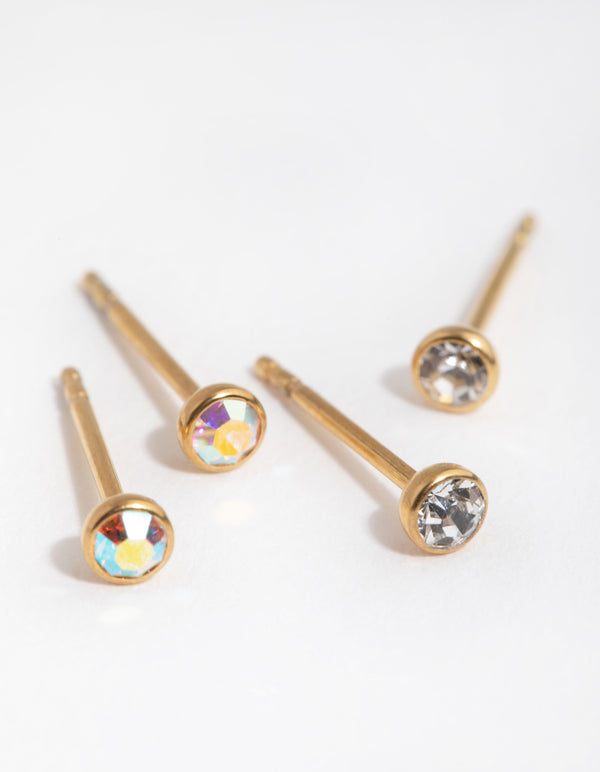 24 Carat Gold Plated Surgical Steel Diamante Bezel Pack Stud Earrings