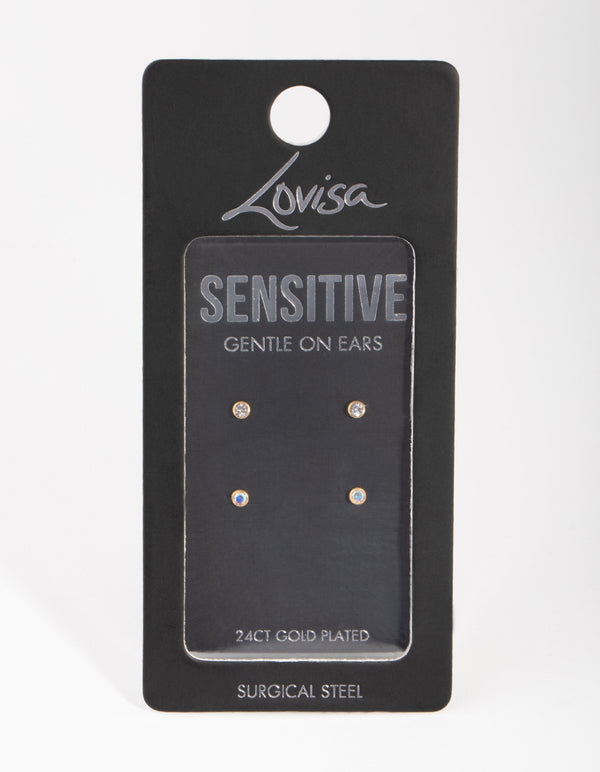 24 Carat Gold Plated Surgical Steel Diamante Bezel Pack Stud Earrings