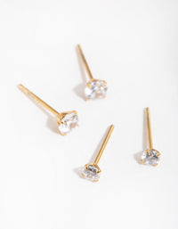 24 Carat Gold Plated Surgical Steel Round Cubic Zirconia Pack Stud Earrings - link has visual effect only