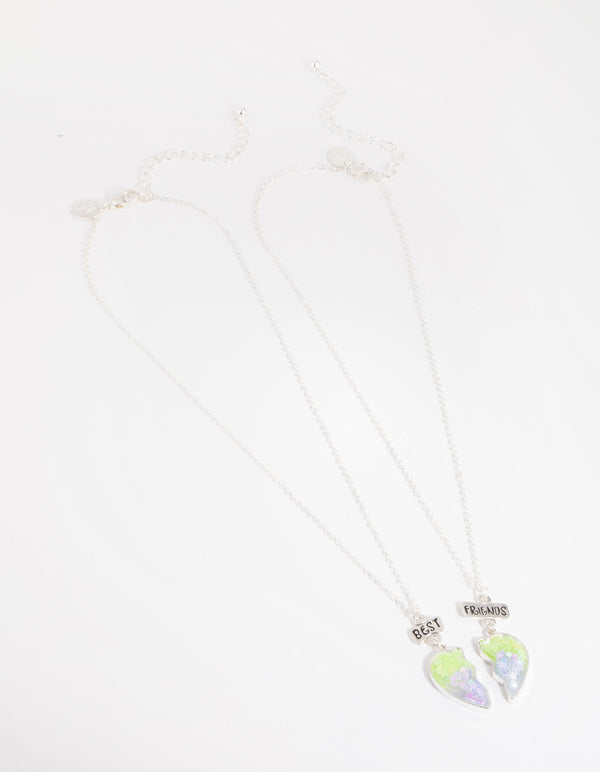 Silver Green Glitter Heart Best Friend Necklace