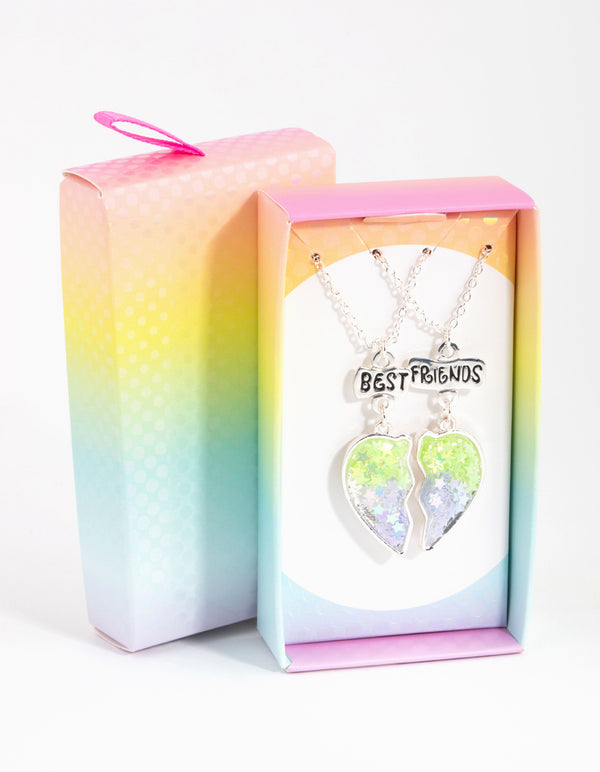 Silver Green Glitter Heart Best Friend Necklace