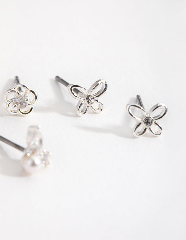 Silver Pretty Flower & Pearl Earrings