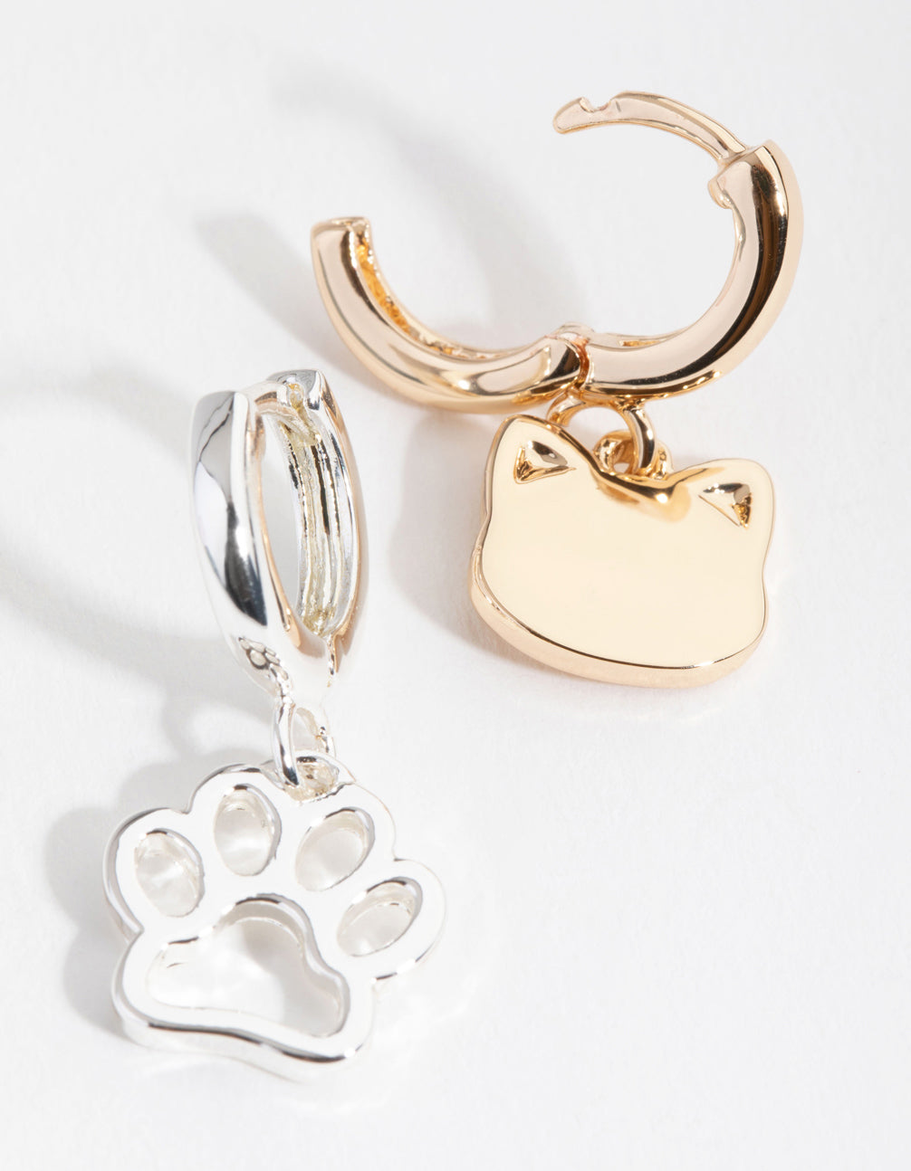Mixed Metal Cat & Paw Huggie Earrings