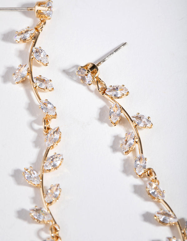 Gold Cubic Zirconia Bendy Vine Drop Earrings
