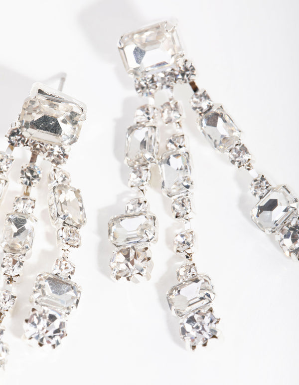 Silver Rectangle Stone Tassel Earrings