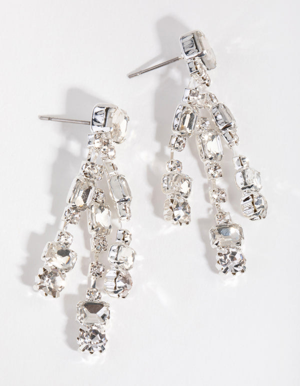 Silver Rectangle Stone Tassel Earrings